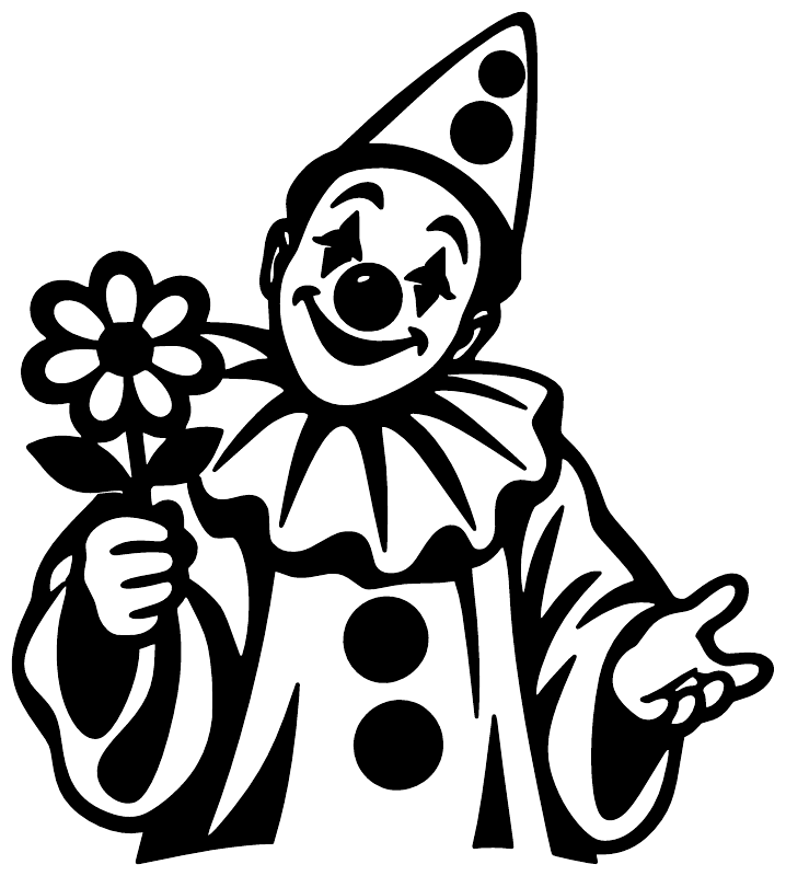 Black-and-white Pierrot clown vinyl decal with flower and raised hands
