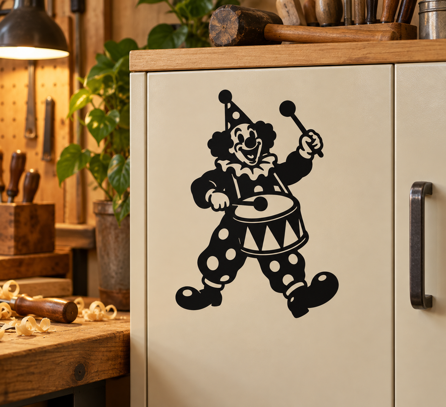 HappyClownCX022 — Clown Drummer; illustrative application of the exact PDF artwork