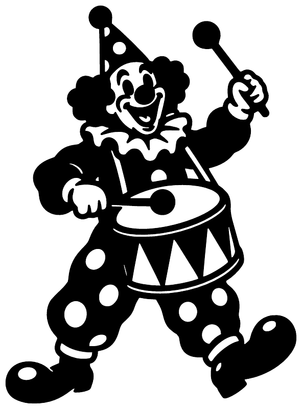 Clown drummer vinyl decal, smiling black clown with drumsticks and tom drum