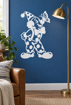 White vinyl clown nose decal with butterfly and polka-dot spots, standing pose