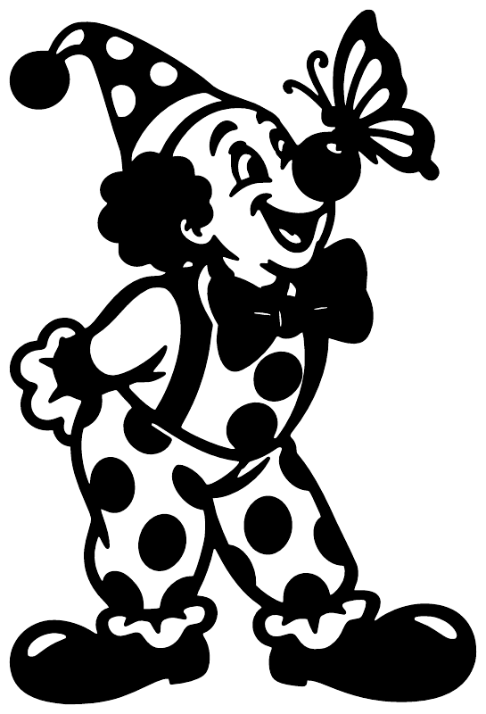Black vinyl clown nose decal with butterfly and polka-dot spots, smiling pose