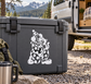 White clown and kitten vinyl decal on dark gray cooler panel