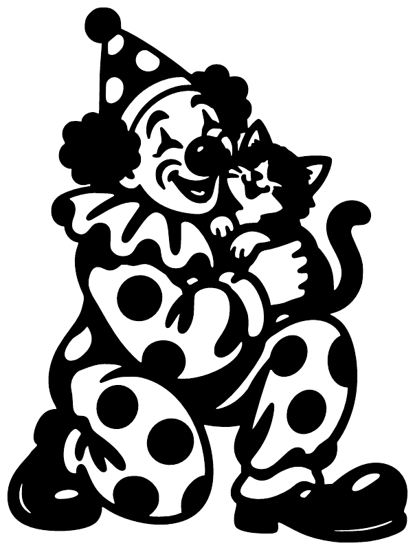 Black-and-white clown and kitten vinyl decal silhouette