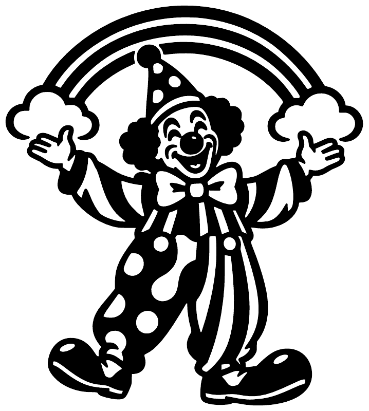 Clown vinyl decal in black silhouette with rainbow arch and polka-dot outfit