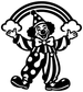 Clown vinyl decal in black silhouette with rainbow arch and polka-dot outfit