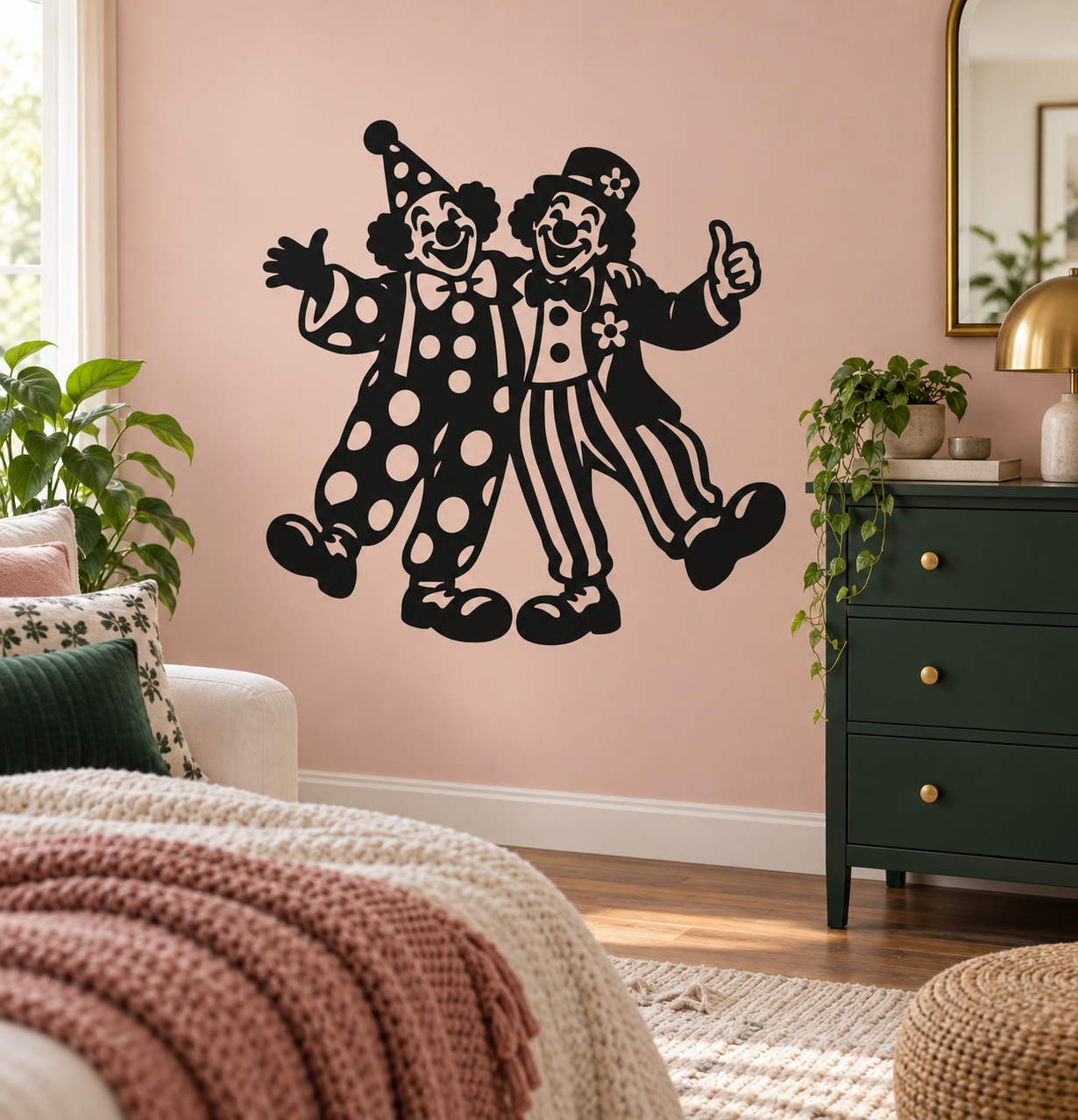 Two-clown vinyl decal silhouette with polka-dot suits and striped pants, one giving a thumbs-up