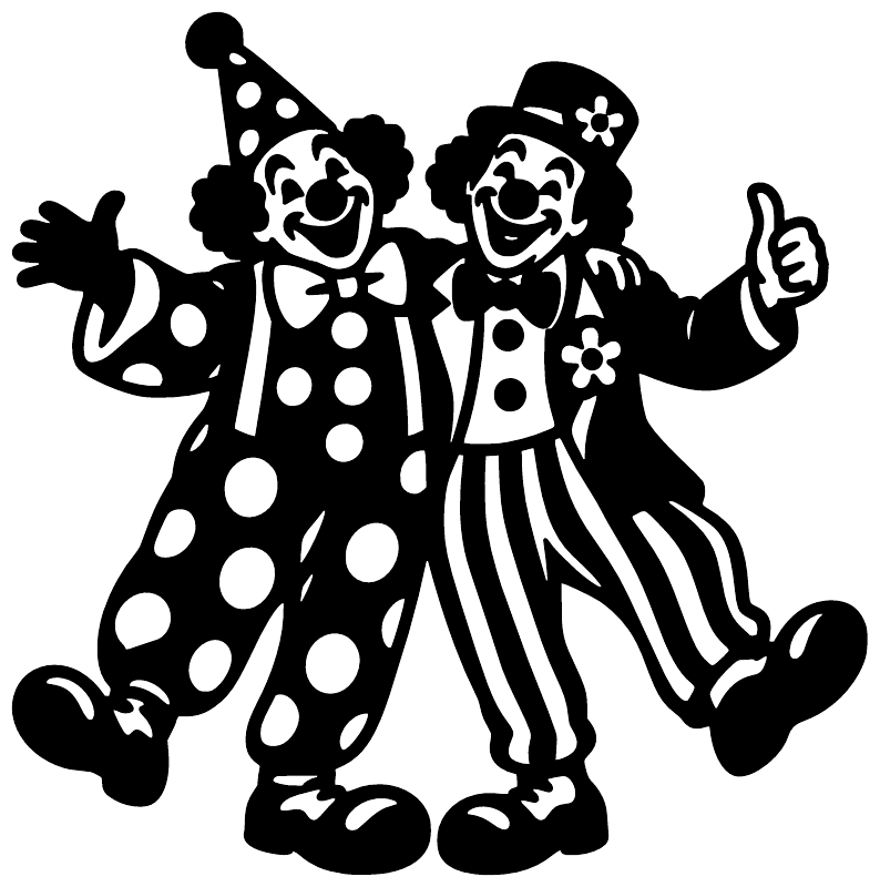 Two clown friends vinyl decal, black cutout with polka-dot outfit and striped pants