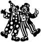 Two clown friends vinyl decal, black cutout with polka-dot outfit and striped pants