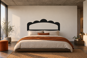 Scalloped crest vinyl headboard decal in black, arched top and centered cutout