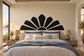 Black fan-shaped headboard vinyl decal with semicircle panels and central circle