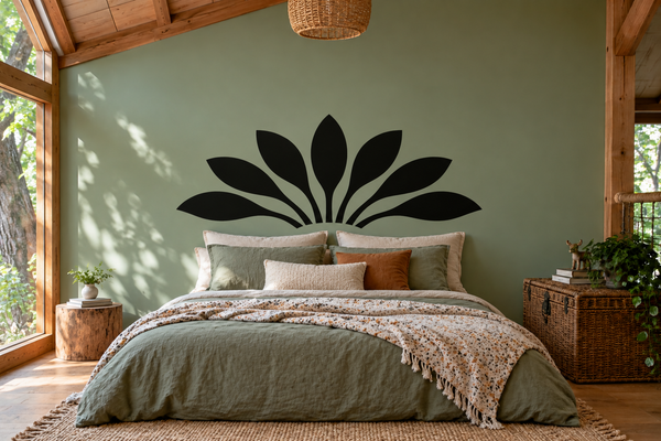 Palm fan wall vinyl decal with black leaves above headboard on a bedroom wall