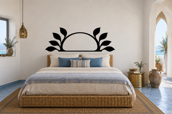 Vinyl headboard arch decal with black leaf branches and blank center panel