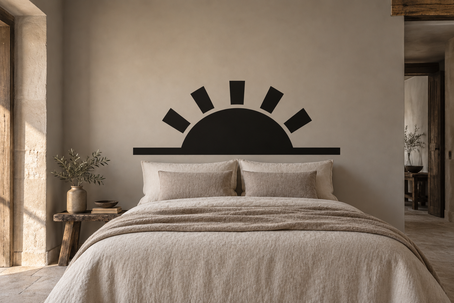 Black sunrise rays vinyl wall decal above a bed headboard
