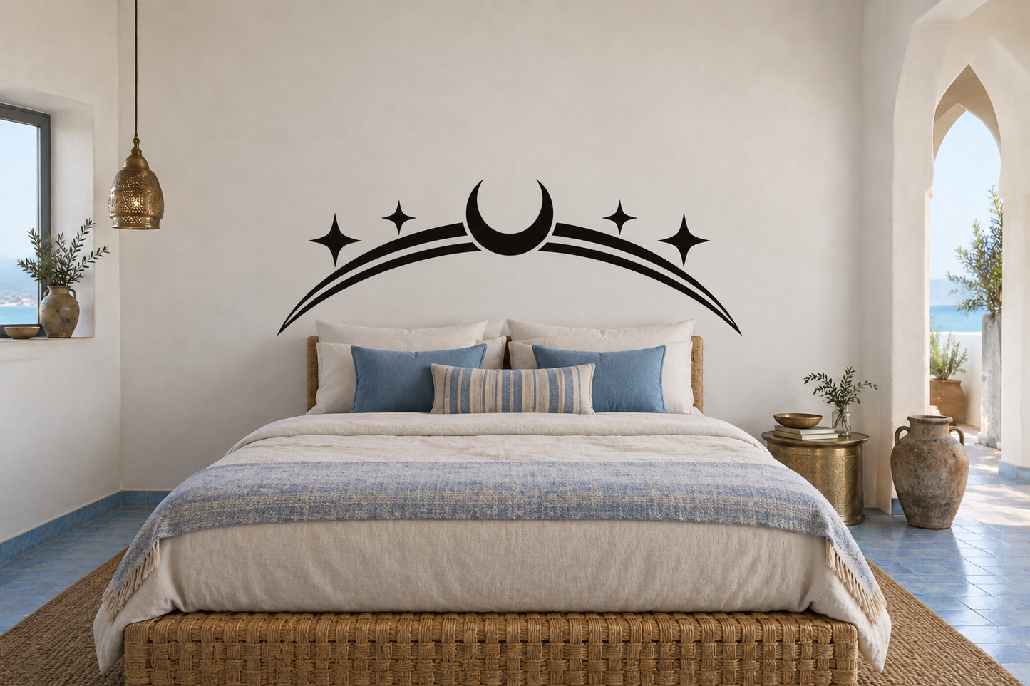 Night sky arch vinyl decal with crescent moon, stars, and arched lines for headboard