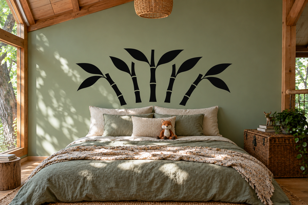 Bamboo wall decal with black bamboo stalks and leaves, vinyl headboard design