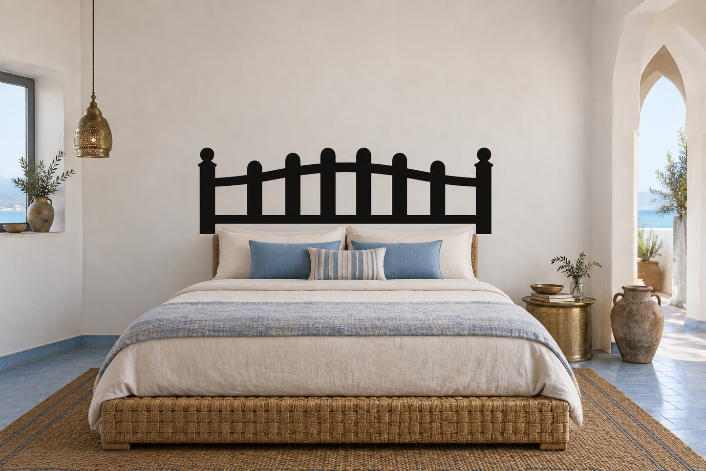 Garden gate vinyl headboard decal with black fence design for bed headboard