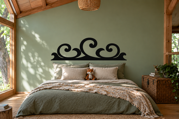 Black scroll crest vinyl headboard decal with ornate curling flourishes
