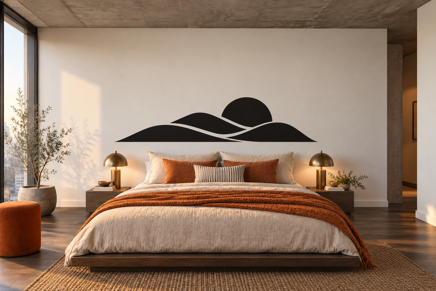 Black desert dunes vinyl headboard decal with layered curved peaks and shallow arcs