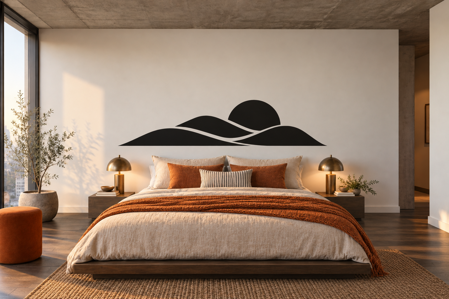 Black desert dunes vinyl headboard decal with layered curved peaks and shallow arcs