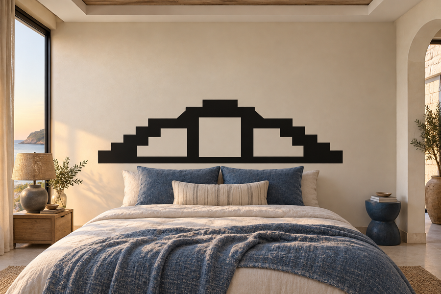 Black pixel-style headboard vinyl decal with center window and stepped base