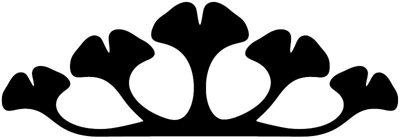 Ginkgo crown decal close-up, bold black outline with white ginkgo center shapes