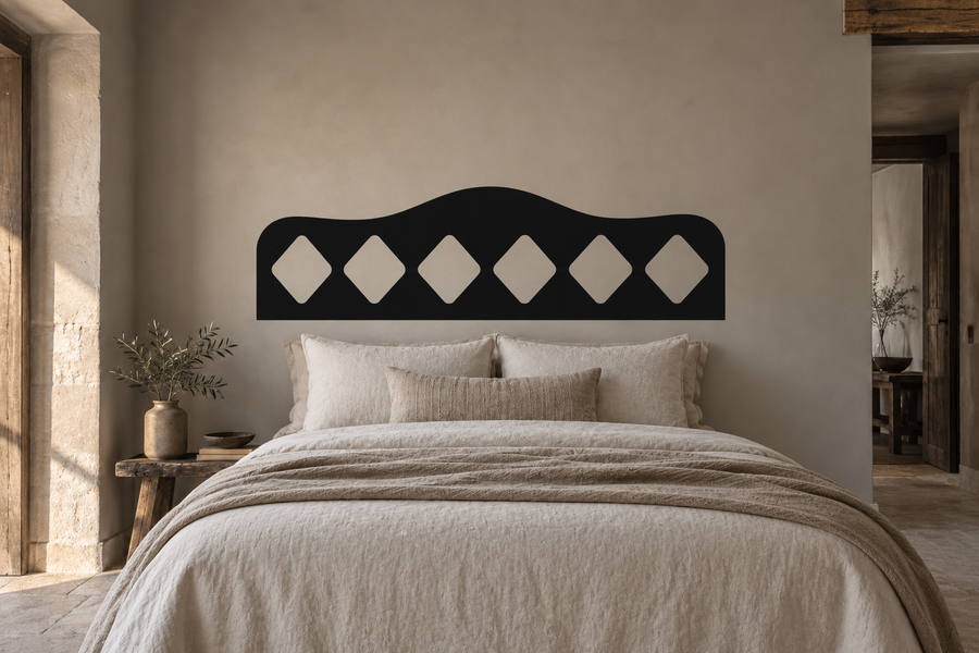 Black diamond tuft panel vinyl decal with white rhombus buttons for headboard