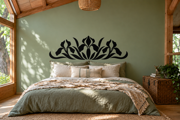 Black floral headboard vinyl decal crest design above bed