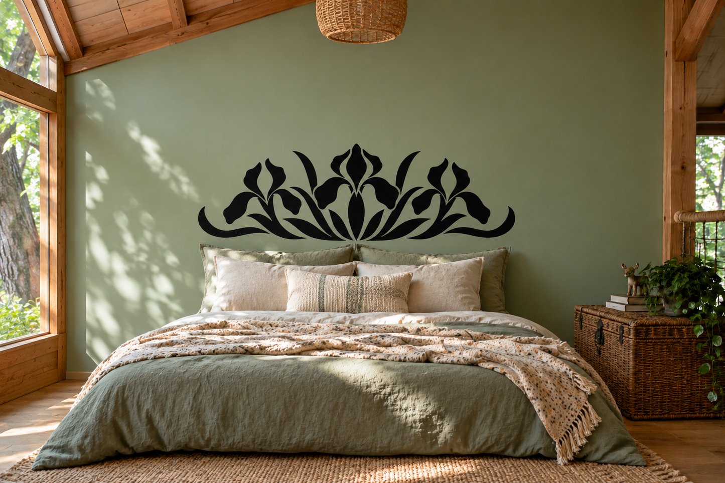 Black floral headboard vinyl decal crest design above bed