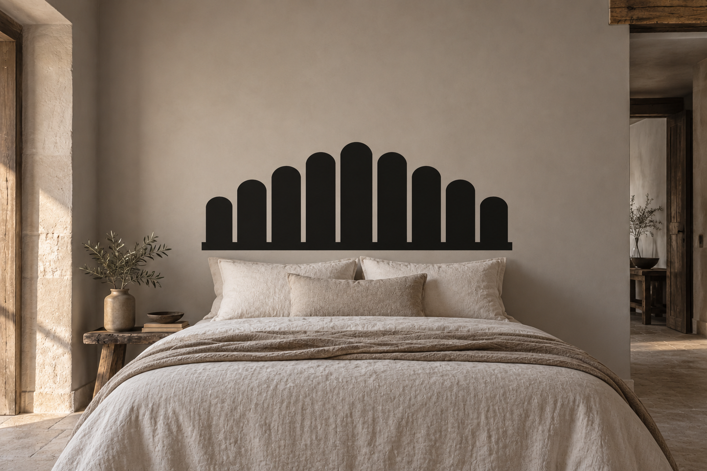 Black arched fluted vinyl wall decal for headboard—tall silhouettes