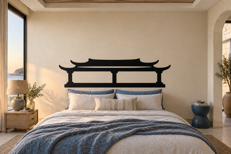 Black swept roof crest vinyl decal for headboard, three framed openings