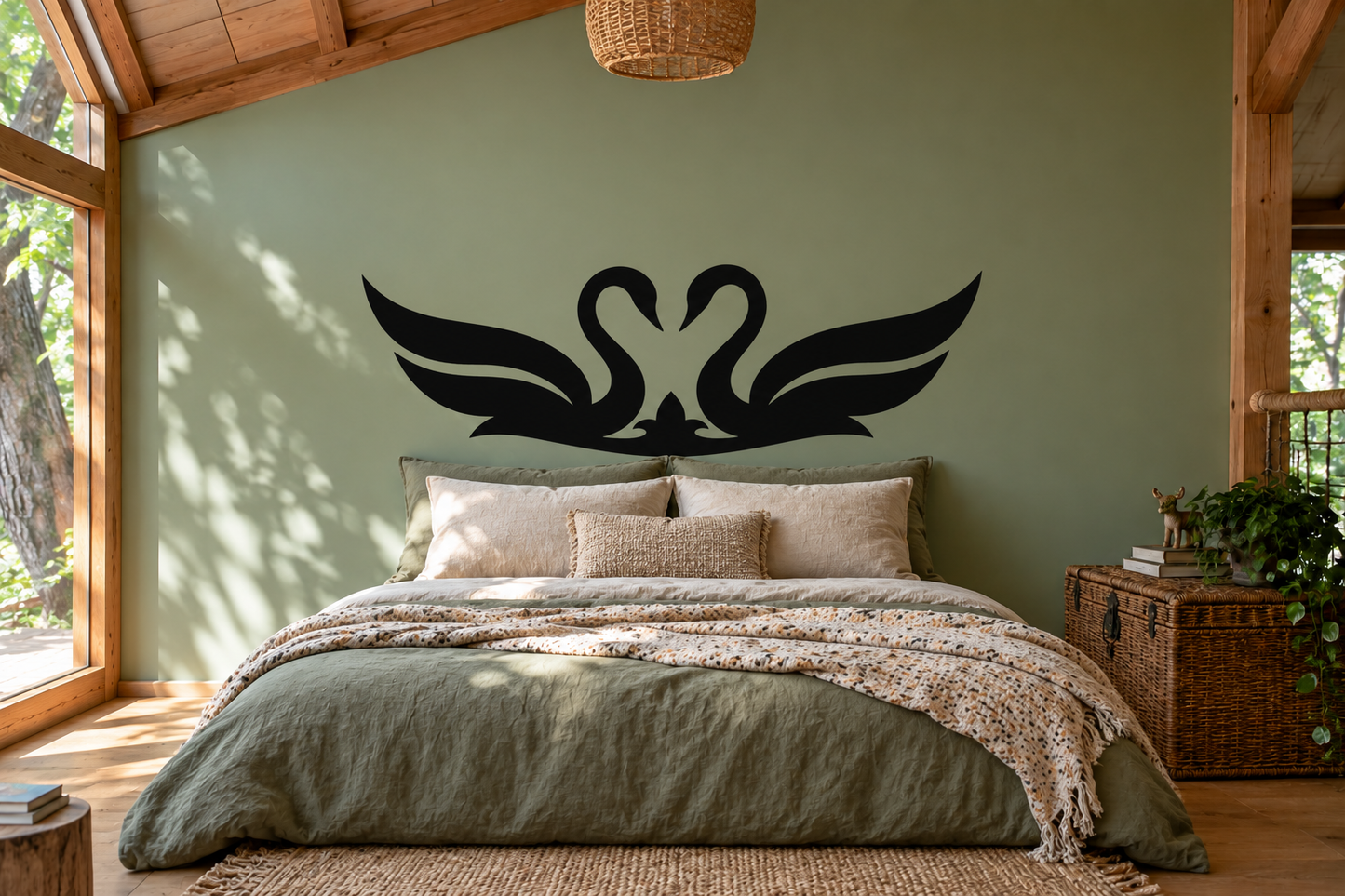 Black swan canopy vinyl decal with wings and heart center motif for headboard