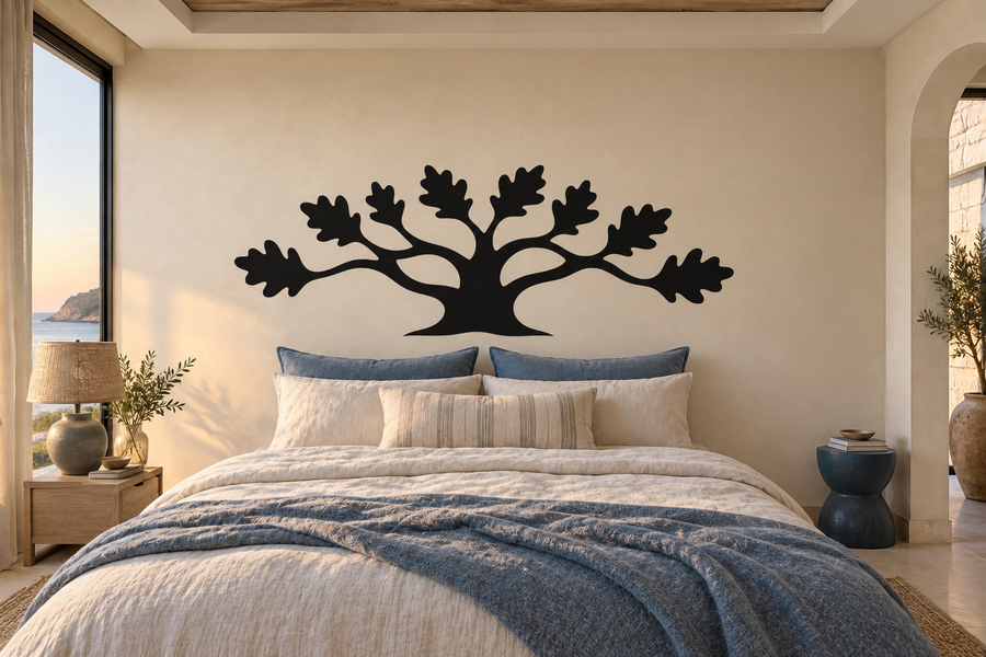 Oak tree canopy vinyl wall decal, black silhouette above bed headboard