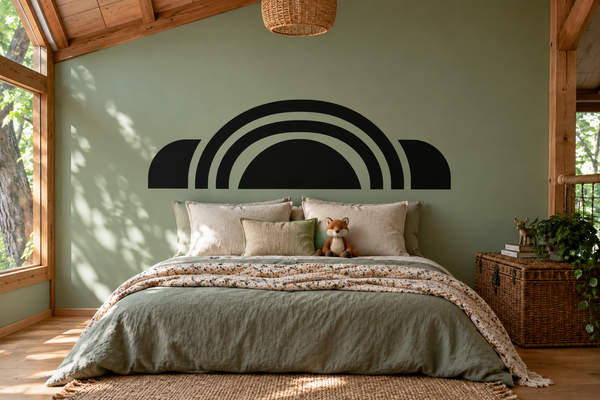Vinyl wall decal with black arc-crest and layered concentric ring design