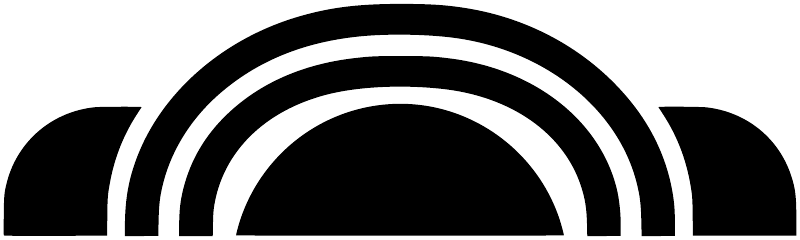 Close-up vinyl arc-crest decal with black semicircle base and layered arc rings