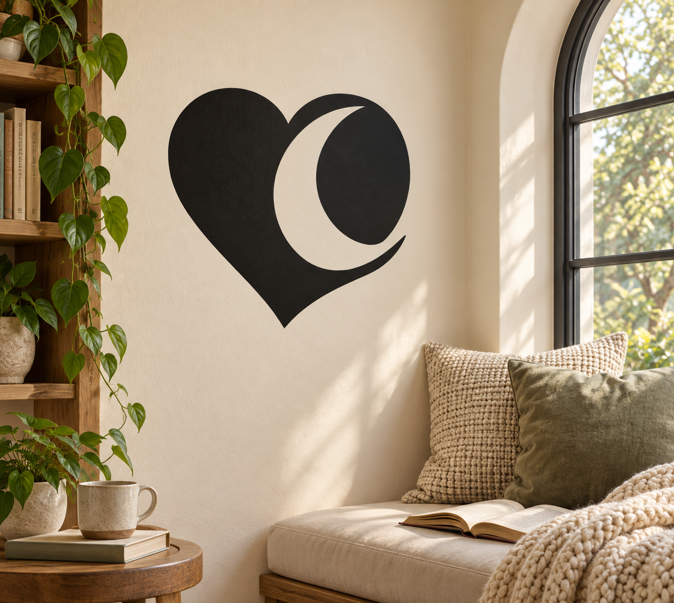 Black heart vinyl decal with white crescent moon inside