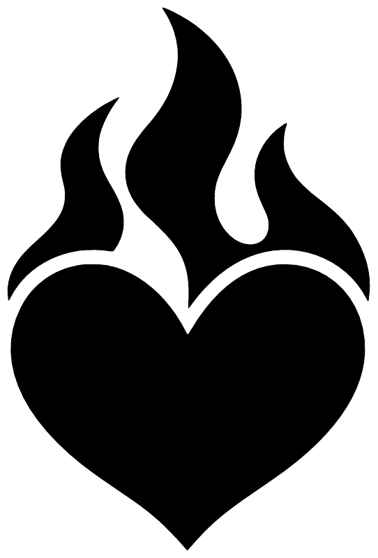 Black heart with flame vinyl decal, white outline