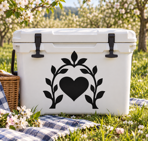 Black heart and botanical arch vinyl decal with leaf accents, flat design