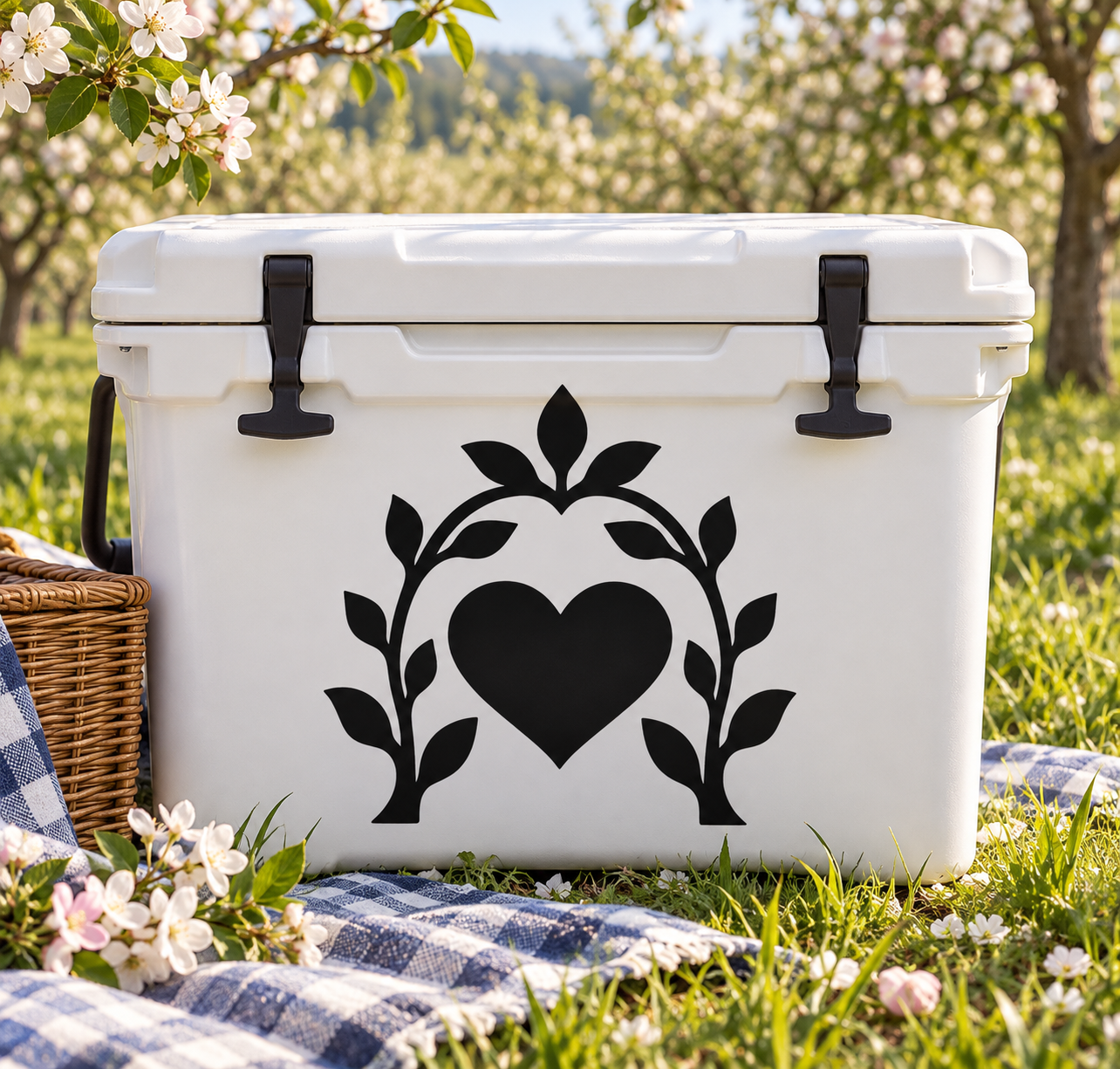 Black heart and botanical arch vinyl decal with leaf accents, flat design