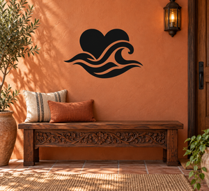 Heart and ocean waves vinyl wall decal in black with coral-colored wave lines