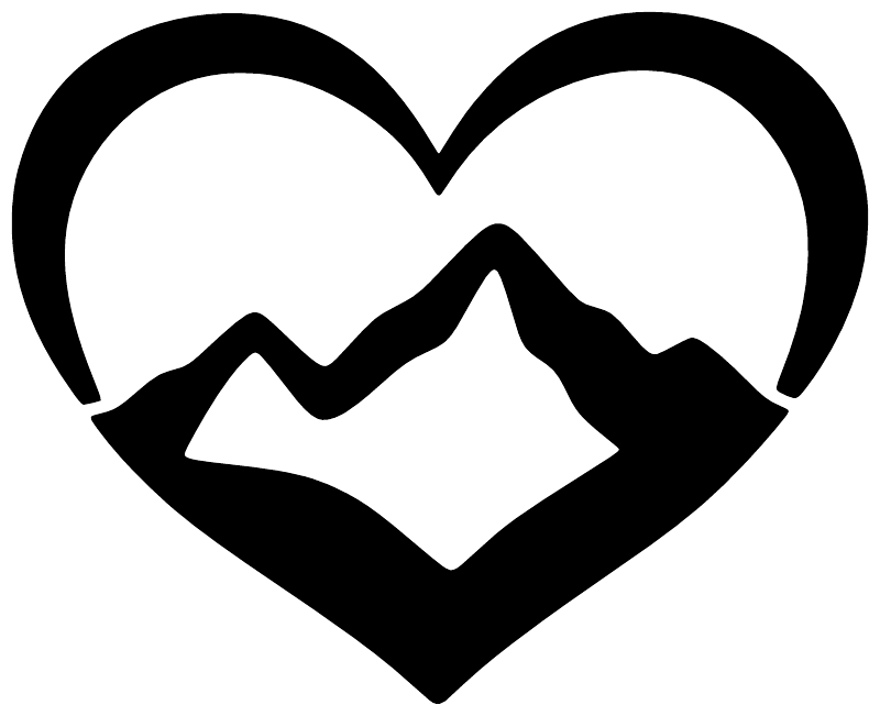 Heart-shaped vinyl decal with bold black mountain ridge silhouette