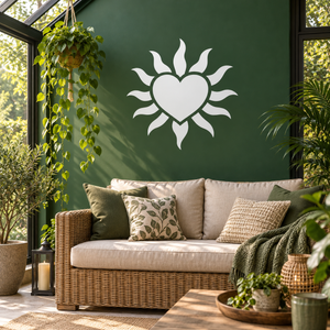 Heart and sunburst vinyl decal with white heart and radiating rays on a surface