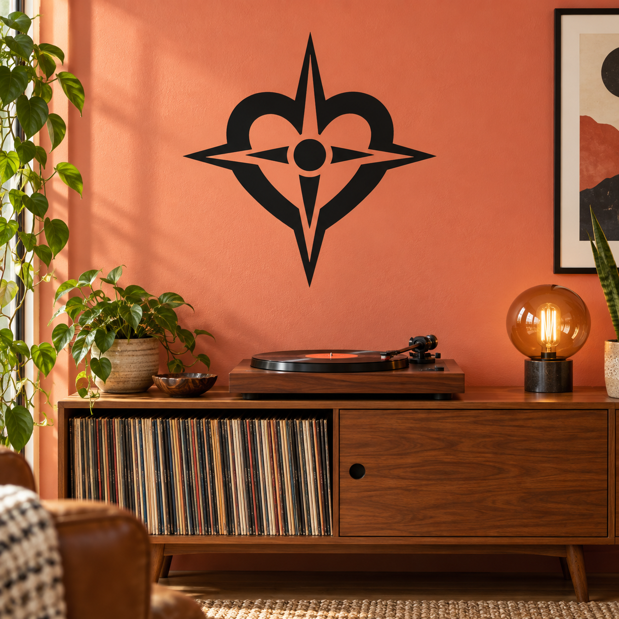 Black heart-shaped compass vinyl decal with four-point star and center circle