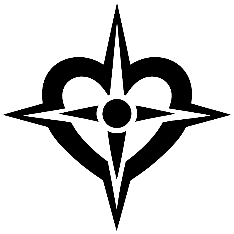 Black heart and compass vinyl decal emblem, four-point star with central dot