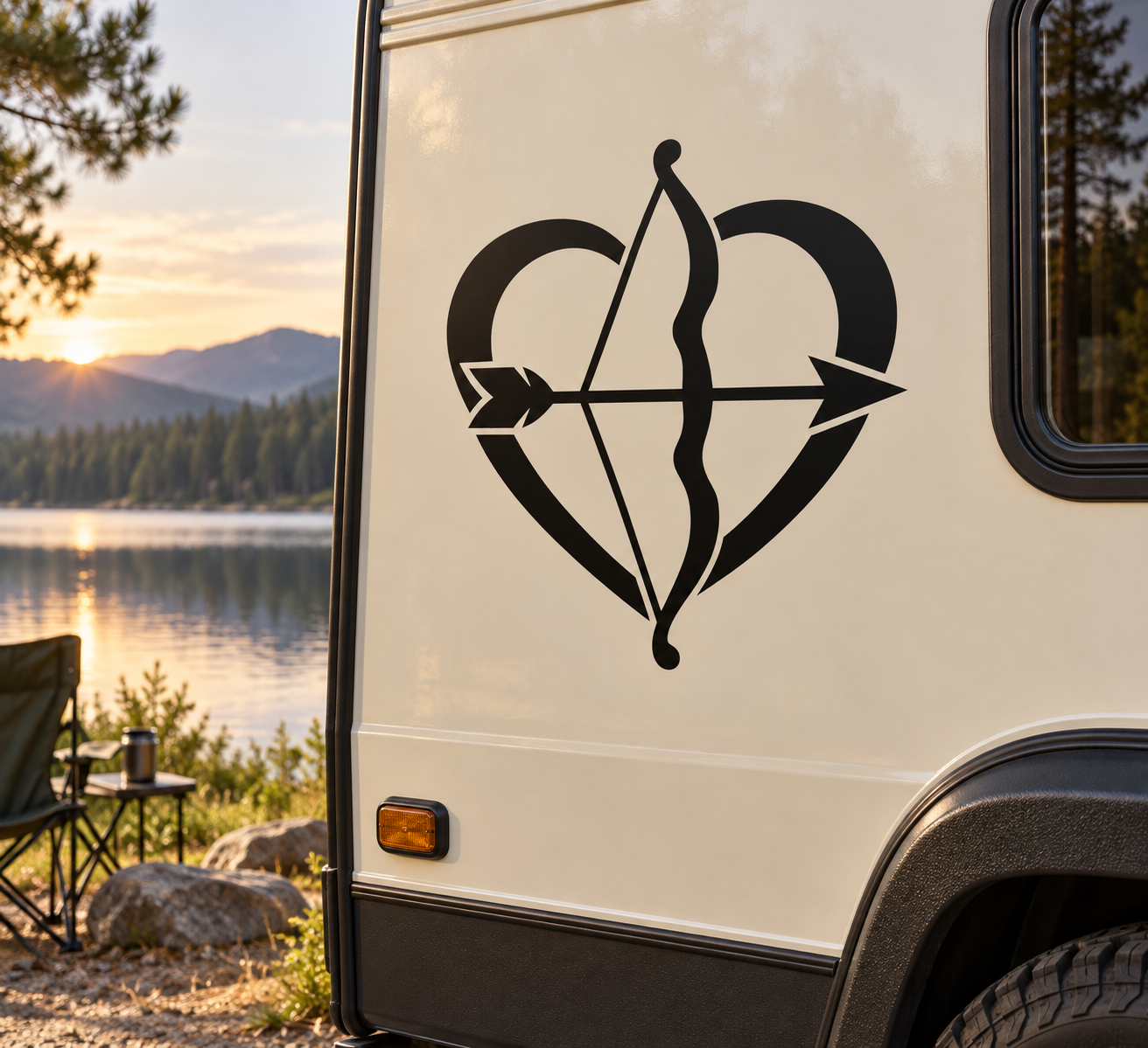 Heart and archery bow vinyl decal in black with arrow across the center