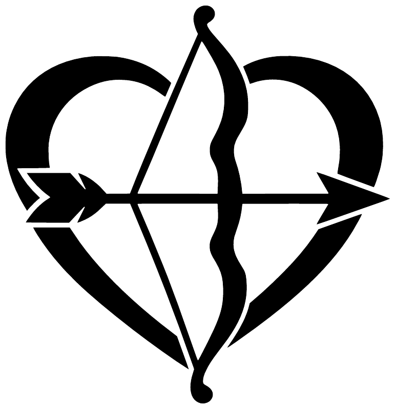 Close-up heart and archery bow vinyl decal design with black arrow and bow