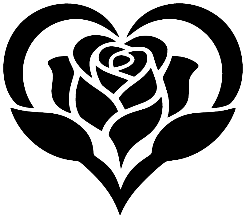 Vinyl heart and rose decal close-up, black rose centered in heart