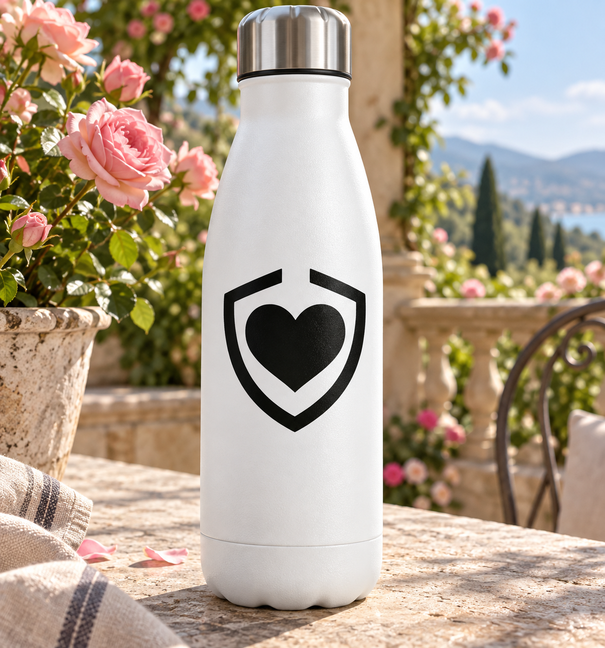 Vinyl decal with black heart inside open shield on a white bottle