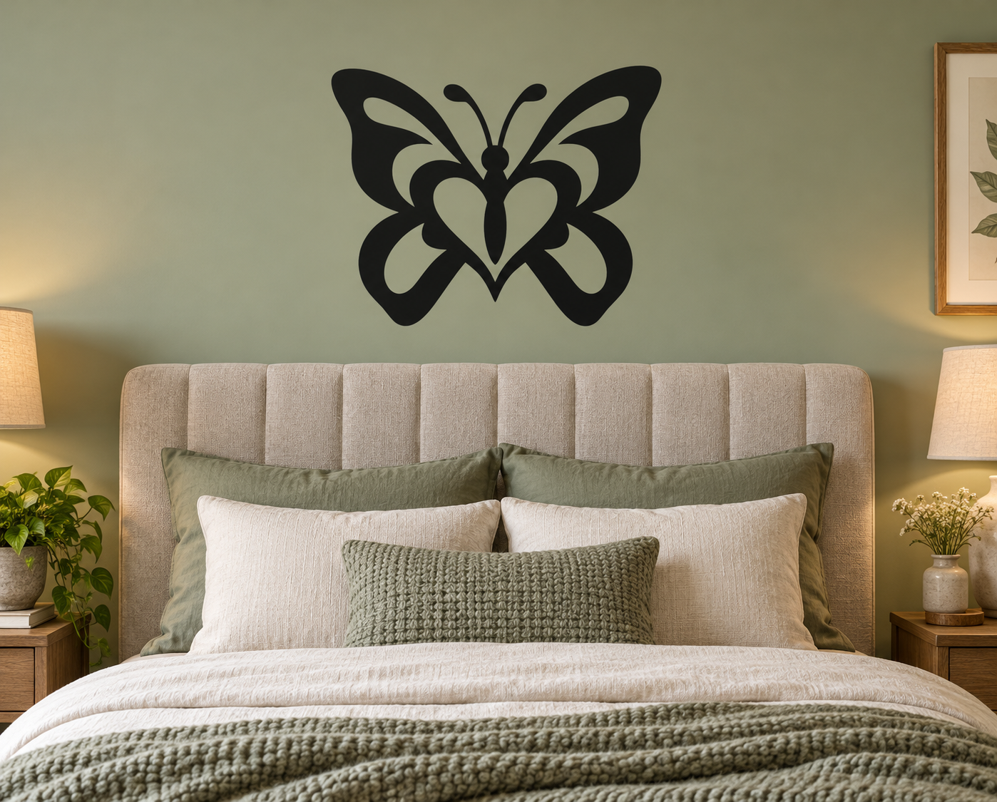 Butterfly vinyl wall decal with black wings and white outline, above bed