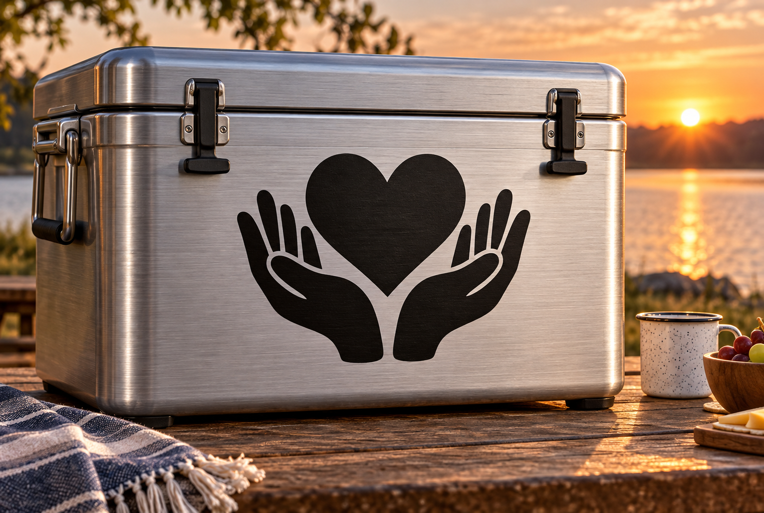 Black vinyl decal of a heart held by two hands
