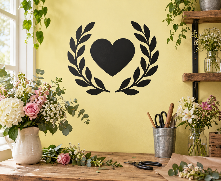 Black heart vinyl wall decal with open laurel wreath design